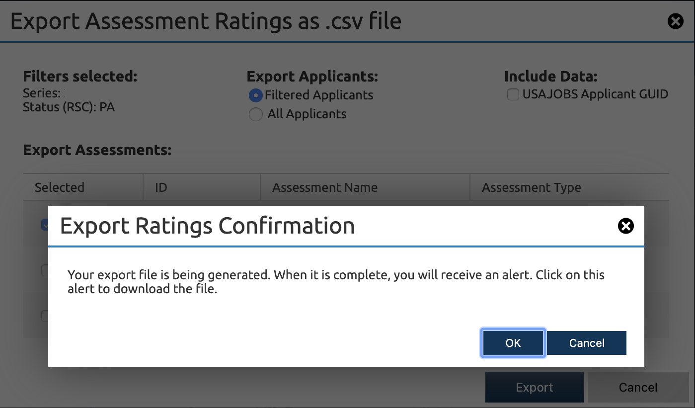 USA Staffing export confirmation dialog