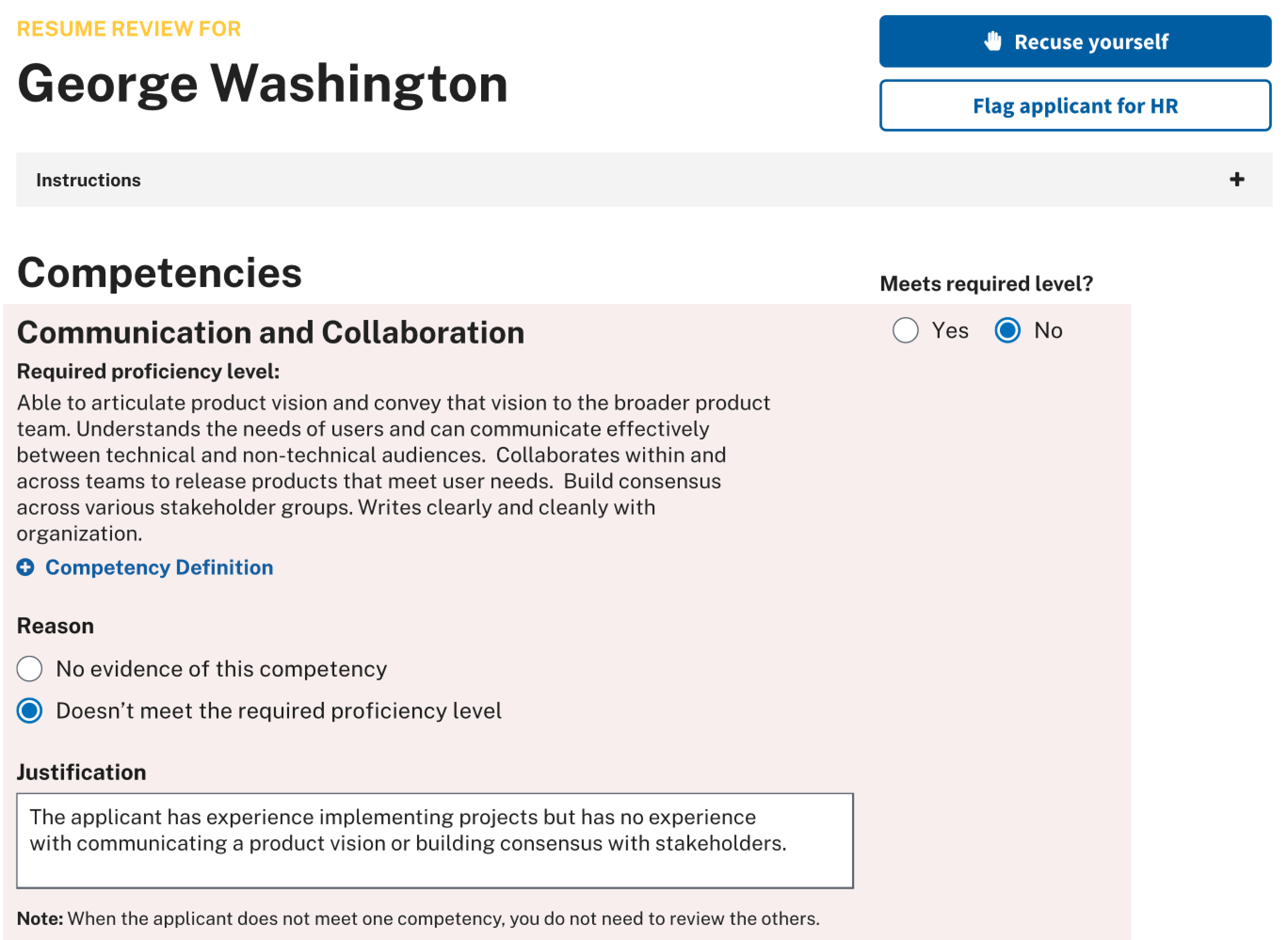 Screenshot of the SME view of the Resume Review Tool
